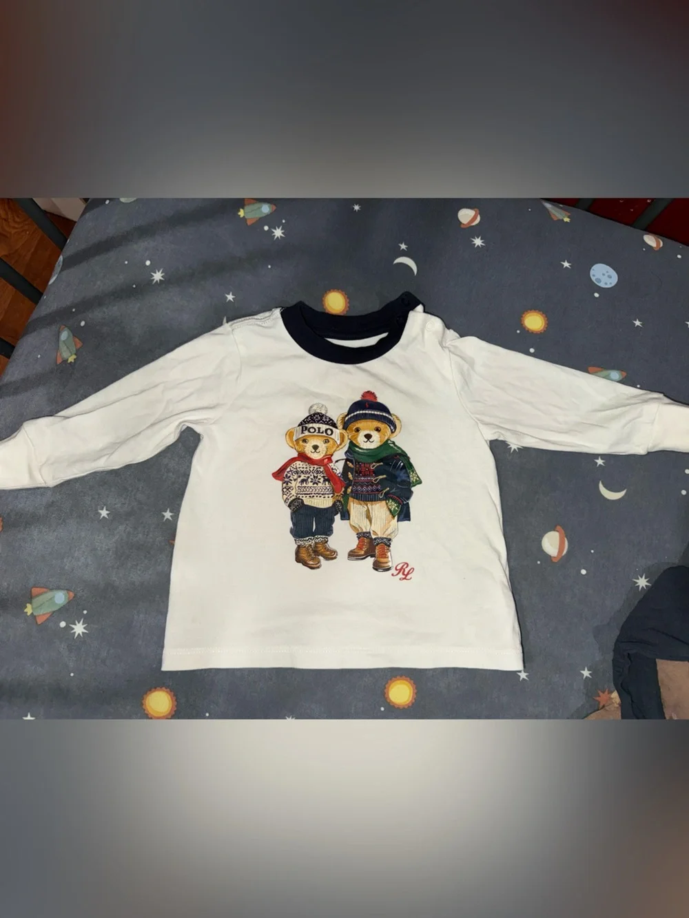 Ralph Lauren White Long-Sleeve Kids Tee with Navy Collar and Bear Graphic